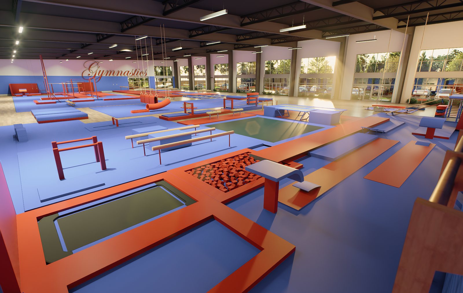 Conceptual rendering of a gymnastics interior: spring floor, beams, bars and a foam pit under a high ceiling