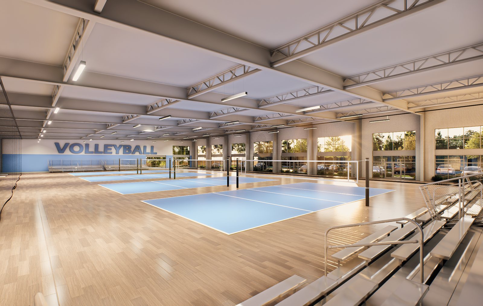 Conceptual rendering of a volleyball interior: courts, bleachers and a mezzanine under a high open ceiling